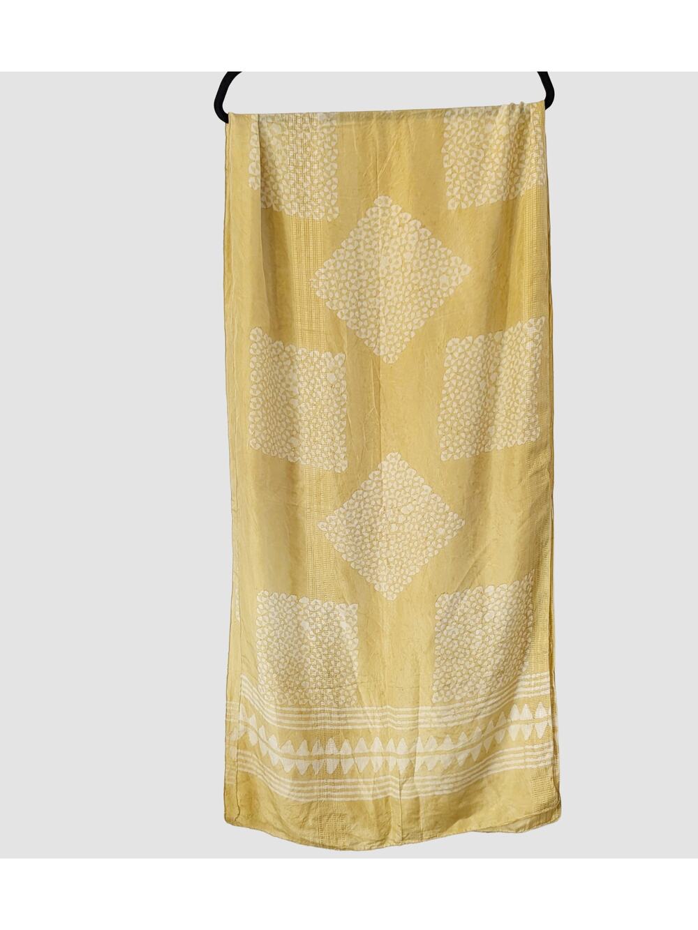 Yellow Block Print Scarf Shawl Wrap 21" x 82" Boho Resort Lightweight